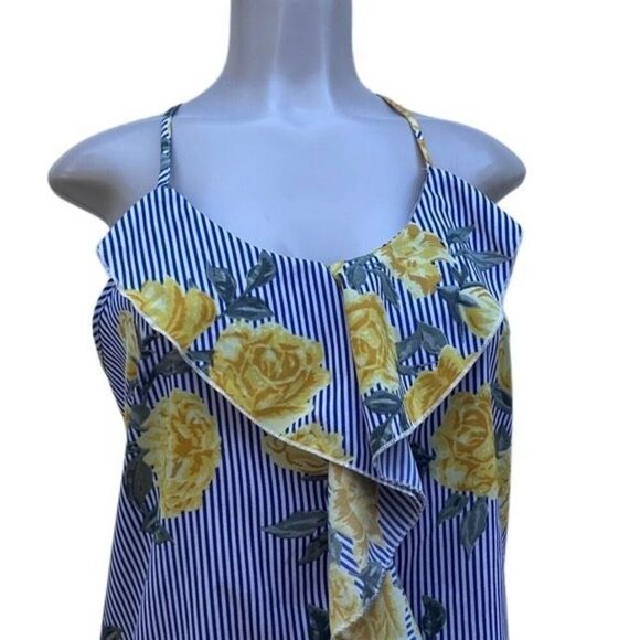 Time To Bloom Blouse Medium Blue Yellow Striped Floral Ruffle Spaghetti Strap - Picture 6 of 16